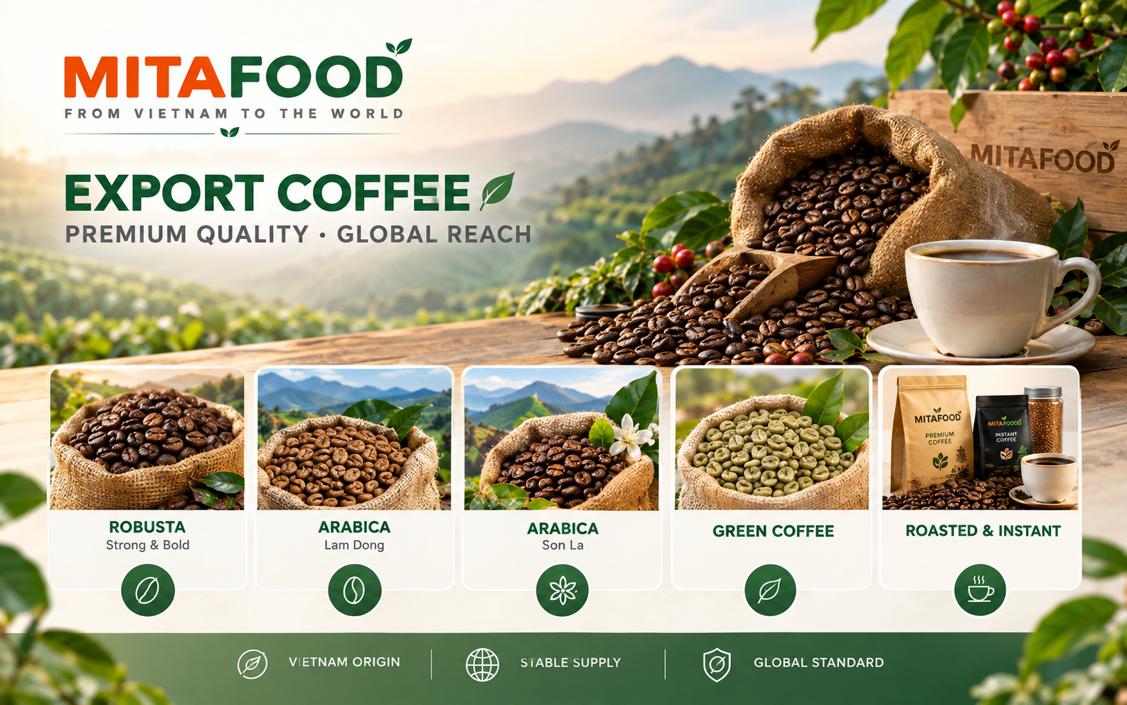 Top Vietnam coffee exporter in the global market Mitafood's main export coffee product lines