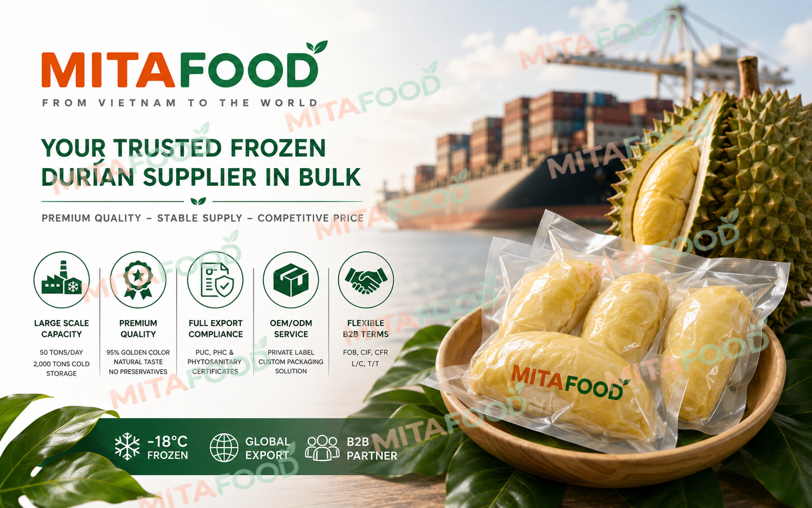 ISO-Standard IQF frozen durian production process at MitaFood Mitafood - Reputable bulk supplier of frozen durian